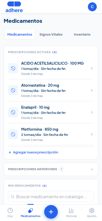 Pantalla Medicamentos con el botón + flotante visible